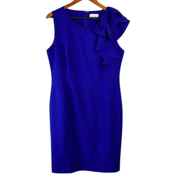 Calvin Klein Shoulder Ruffle Dress Royal Blue Form Fitting Knee Length Midi 12 - Picture 2 of 11